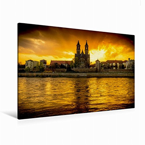 Premium Textil-Leinwand 120 x 80 cm Quer-Format Sundown an der Elbe | Wandbild, HD-Bild auf Keilrahmen, Fertigbild auf hochwertigem Vlies, Leinwanddruck von Lars Frohmüller