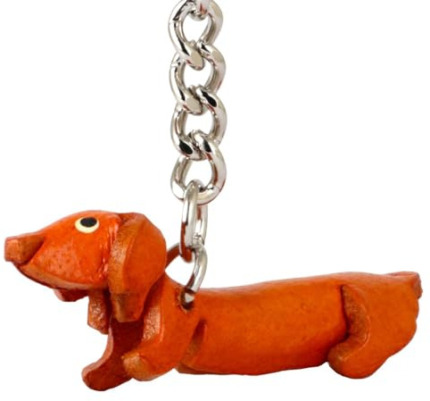 MONKIMAU Schlüsselanhänger Tiere 3D Kleinen Dackel aus Echtleder - handgefertigt Leder Tieranhänger - Geschenk für Damen, Frauen, Kinder und Tierliebhaber