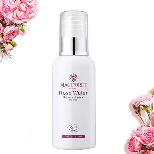 Acqua di rose bio 120ml, MagiForet Acqua di rose tonico viso spray, Idrolato distillato biologico di rose al 100%, Acqua di rose per il viso, Acqua di rose Spray per il viso senza alcool