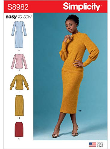 SIMPLICITY Sewing Pattern S8982 Misses' Knit Two Piece Sweater Dress, Tops, Skirts, Paper, White, various