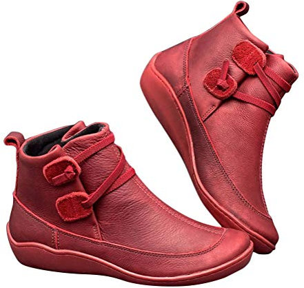 Stivali Invernali Donna Stivaletti in Pelle PU Comodo Morbido Stivali Fatti a Mano Stivali Stringati da Donna Stivali Corti Piatti Vintage B Rosso 39 EU