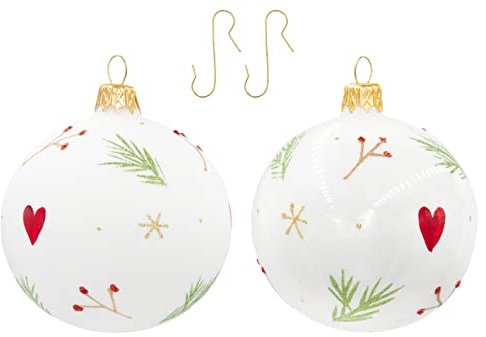 B2S BACK2SEASON Baumkugeln Beeren mit Herz handgefertigt mundgeblasen Qualität Tschechien Weihnachtskugeln weiß rot grün glänzend und matt + Aufhänger 2er Set