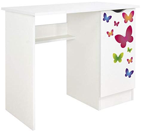 Leomark Weiß Kinderschreibtisch - Roma - Gemütlich Schreibtisch für Kinder mit Regal, Computertisch, Möbel für Kinderzimmer, Höhe: 77 cm (Schmetterlinge)
