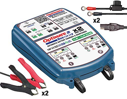 TecMate OptiMate 2 DUO x 2 BANK, TM570, Serie BRONZE: Caricatore e mantenitore ermetico di carica a 5 fasi per batterie da 2x 12V / 12,8V 2A