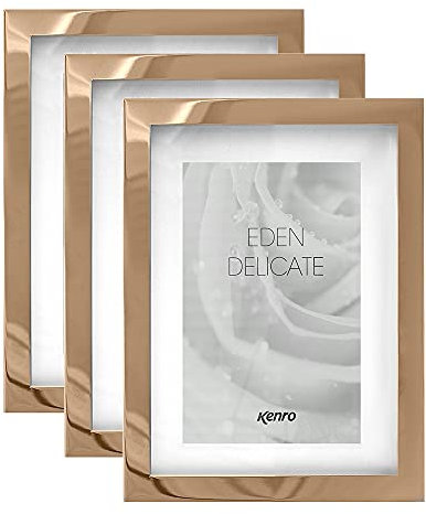 Kenro Box fo 3 Eden Delicate Rose Gold Plated Metal Photo Frame with Ivory Mount (8x6 Inch / 15x20cm) - Luxury Rose Gold Picture Frame with Black Easel Back (Gift Box Included)