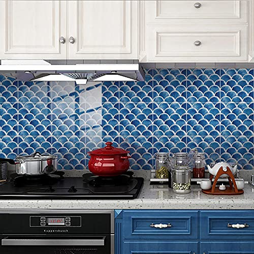 Mosaic Tiles Arts and Crafts Blue Fish Scales Stick on Tiles Kitchen Tile Transfers Stickers Peel and Stick Wall Tiles for Bathroom Vinyl Home Decoration 25P,15cm x 15cm (6in x 6in)
