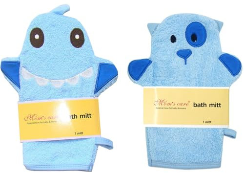 Baby-Waschhandschuh, niedliches Tier-Design, Blau, 2 Stück