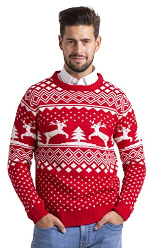 Herren Weihnachts Jumper Ugly Rentier Strickpullover Winter Jumper Rundhals Langarm Xmas Christmas Sweater Größen S–XXL (Rot, XXL)