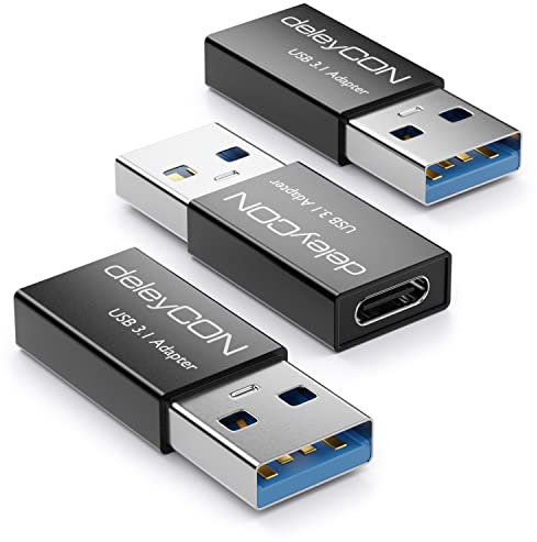 deleyCON USB C Adapter 3.0 (3 Stück) 5Gbit/s C auf A, für Ladekabel Datenkabel Ladegerät Powerbank, für iPhone 16 15, iPad, Airpods, Watch, Galaxy S25/S24, PC, Tablet, Notebook - Schwarz