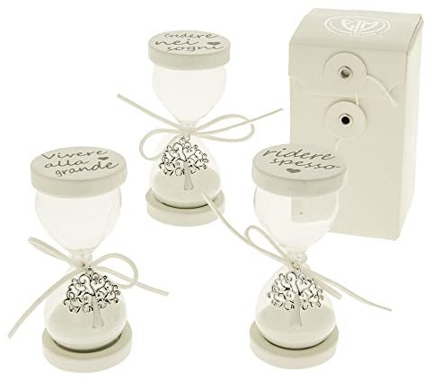 6 PZ SMALTO Clessidra resina BIANCA con scritta 11 cm BOMBONIERA | Clessidre in vetro, tappi in porcellana con frasi incise | Elegante scatola regalo inclusa | Ottimo per comunione cresima matrimonio