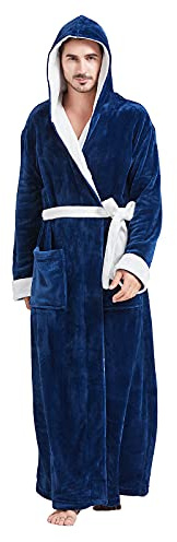 FashGudim Herren-Bademantel, groß und lang, mit Kapuze, zweifarbig, Flanell-Fleece, kontrastierender Bademantel, volle Länge, Plüsch, langer Bademantel, Marineblau / Weiß, 4XL/5XL Groß Hoch