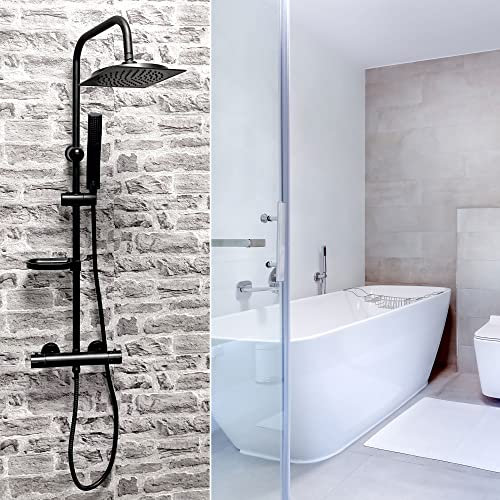 Gulfstream Komfort Duscharmatur Duscharmaturen Regendusche Duschsystem mit Duschkopf aus rostfreiem Edelstahl Mischbatterie Schwarz Chrom (MALTA SCHWARZ MIT THERMOSTAT)