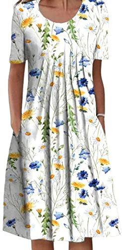Achinel Women's Floral Print Midi Dresses Ladies Tunic Crew Neck T Shirt Dress Simple Loose Summer Sundress Boho Bohemian Dress No. 2 Color M