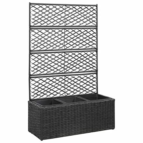 Mogou Hochbeet mit Rankgitter 3 Töpfe, Pflanzkübel, Kräuterbeet, Hochbeete-kit, Schneckenzaun, Pflanztrog, Pflanzgefäße, Pflanzfolie Für Hochbeet,Teichbecken, 83×30×130cm Poly Rattan Schwarz