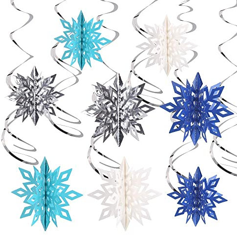 SULOLI Christmas Snowflake Hanging Swirls Decoration, 26 Pieces 3D Snowflake Silver Blue White with Ceiling Swirls for Christmas Decorations