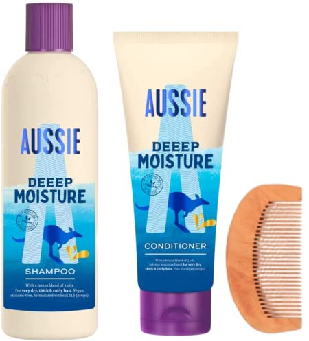 Deep Moisture Shampoo Conditioner Set mit 1xAussie Deeep Moisture Shampoo 300 ml, 1xAussie Deep Moisture Conditioner 200 ml & 1xHaarkamm – Avocadoöl, trockenes dickes Frauenhaar, Hydration Cleanse