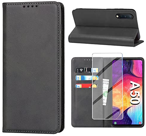 Handyhülle für Samsung Galaxy A50 Hülle mit Panzerglas Schutzfolie, Schutzhülle A50/A30S Leder Wallet Kartenfach Standfunktion Stoßfest Klapphülle Hüllen Galaxy A50 6.4 Zoll Case Klappbar (Schwarz)