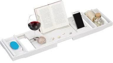 Aggloz | Bath Caddy with Leg | Extendable Bath Tray for Bathtub | Wine Glass, Book, iPad & Phone holders | Adjustable Bath Table Shelf over Tub with Bathroom Accessories | Spa Experience | White