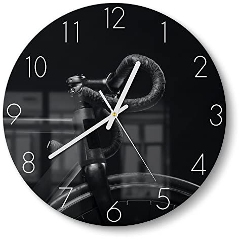DEQORI Glasuhr | rund Ø 30 cm | Motiv Sportliches Fahrrad | ausgefallene leise Design Uhr aus Glas | Wanduhr für Wohnzimmer & Küche | moderne Hingucker Uhr für die Wand