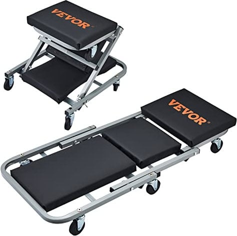 VEVOR Chariot de Visite et Tabouret d’Atelier 2 en 1, Chariot Roulant Pliable pour Mécanicien, Capacité 136 kg, Profil Bas, 6 Roues, pour Garage, Magasin, Réparation Automobile, Allonger ou s'Asseoir