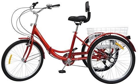 biniliubi Dreirad für Erwachsene, 24 Zoll, 7 Geschwindigkeiten, faltbar, Dreirad, für Erwachsene und ältere Menschen, 3 Räder mit Einkaufskorb für Damen und Herren, Rot