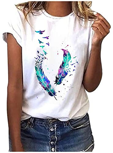 TRIGLICOLEUM Tshirt Damen Tops Mode Shirts mit Federdruck Weiss T-Shirt Kurzarm Oberteile Rundhals Herbst Winter Basic Shirt Pullover Lockere Bequeme Tunika Bluse Longshirt für Frauen, #10 Dunkelblau