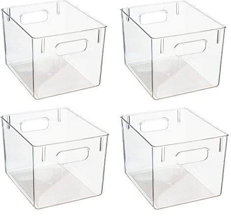 Amtido Clear Plastic Storage Bins for Fridge-Freezer, Cupboard, and Pantry Tidy - Kitchen Organiser for Food, Fruit, Vegetable, Cleaning Products & Household Items (4-Pack - Standard 19.2cm x 22cm)