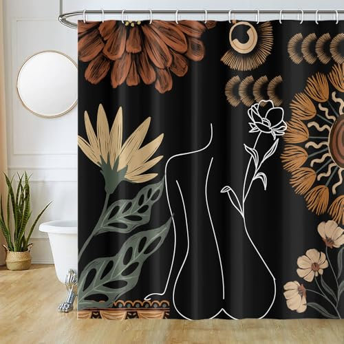 Uiiooazy Tenda Doccia Astratta, Tenda da Doccia Boho Style Nera e Bianco Donna Tende per Doccia Antimuffa Impermeabile Tessuto in Poliestere Lavable Tende per Vasca da Bagno con 12 Ganci 180Lx180Acm