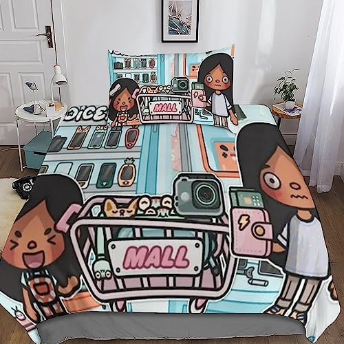Toca Boca World Bettwäsche Bettdecken Set Weiche Angenehme Mikrofaser Kinder Erwachsene, 3D Druck Bettbezug Bettwäsche Set Single(135x200cm)