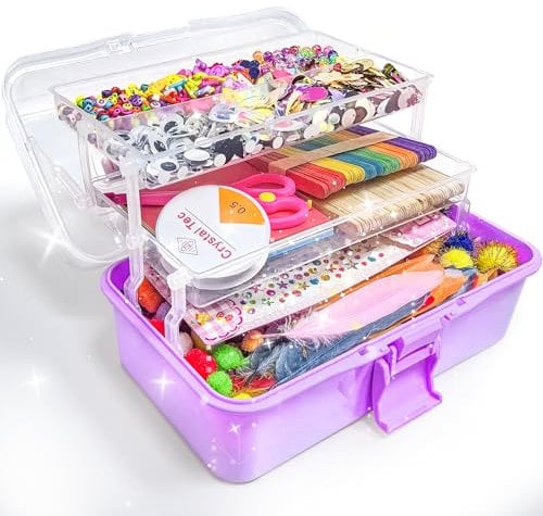 obqo 3000+ Pcs Art and Craft Box for Kids, Toddler Kids Craft Set Included Pipe Cleaners, Pom Poms, Feather, Folding Storage Box - All in One for Kids Craft Supplies (Purple)