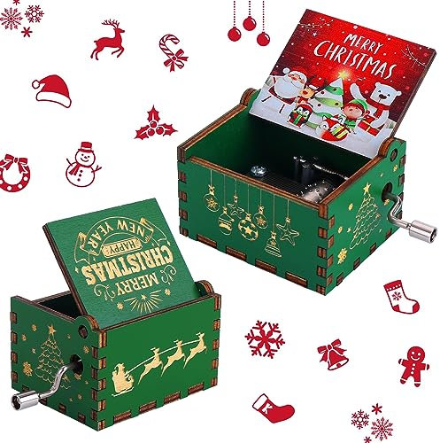 Amaxiu Weihnachts Spieluhr – Frohe Weihnachten, Holz Spieluhr mit Handkurbel graviert Vintage Mini Spieluhr für Männer und Frauen Weihnachtsstrumpf Geschenk Dekorationen Neujahr Winter