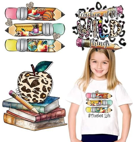 Back to School Iron on Transfer Stickers Decal for Clothing Pencil Book Design Iron on Patch for Jeans Jacket Hat Heat Transfer Vinyl Patches for Kids Teacher DIY Crafts Decorations