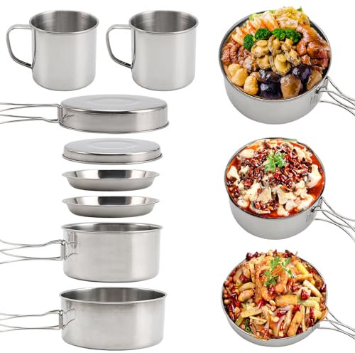 Nicoone Camping Kochgeschirr Set, 8-teilig, Edelstahl, Silber, M, für 3-4 Personen