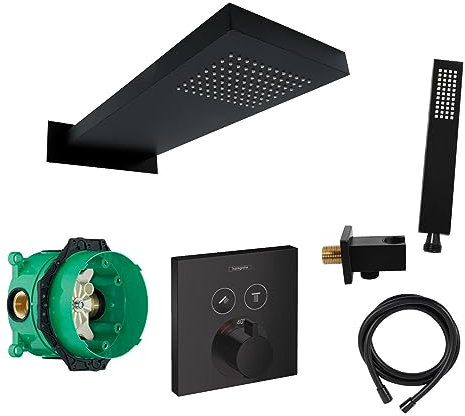 vanvilla Duschsystem mit Unterputz Duscharmatur von Hansgrohe und vanvilla Regendusche mit Armatur, Duschkopf eckig, Dusch-SET HGS46 schwarz matt beschichtet