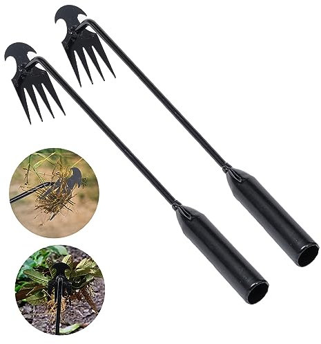 Garden Weed Pulling Tool, Portable Garden Weeder Tool Uprooting Weeding Tool, 4 Teeth Manganese Steel Forged Hand Weeder for Vegetable Gardening Backyard Farm Planting & Weeding, Black Handle, 2 Pcs