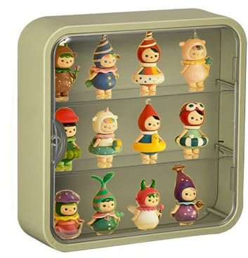 Clear Display Case for Figures, Wall-Mounted Doll Storage Box, Adjustable Display Stand with Door Dust and Moisture Proof Suitable for Lego Collectibles Action Figures Pop Mart (Green)
