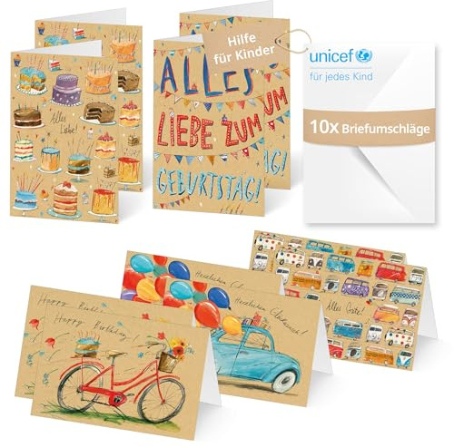Unicef Geburtstagskarten Bunt | 10 Klappkarten mit Umschlägen | Helfen Sie Kindern in Not: FSC-Papier, 10 Karten mit Umschlägen (17,5 x 11,7 cm) – Geburtstagskarten mit bunten Motiven