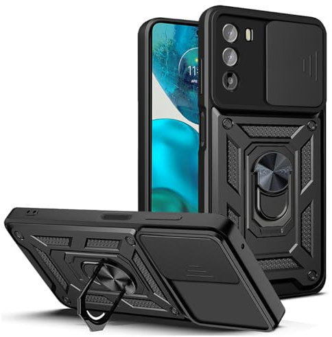 UPLAI Cover per Motorola Moto G62 5G, Ultra Sottile Antiurto Armatura Custodia con Diapositiva Telecamera Cover e Magnetica Supporto Squillo, PC+TPU Durevole Caso.Nero