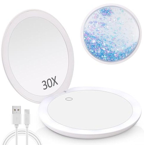 Miroir grossissant Lumineux x 30, Double Face Miroir grossissant, Miroir Portable de Maquillage, éclairage 3 Couleurs, écran Tactile à intensité Variable