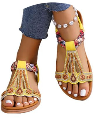 Onsoyours Sandales Femme d'été Sandales Perlées Plate Bout Ouvert Léger Flip Flop Boho Romaines Sandale Confortables Chaussures Nu-Pieds De Décontracté Plage A Jaune 39 EU