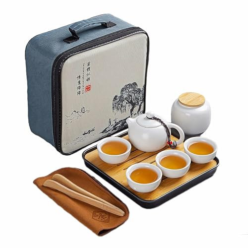 Webao Juego de tetera de cerámica Kungfu chino con 4 tazas y bandeja de té, regalo todo en uno, juego de viaje para té suelto, color blanco