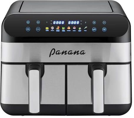 Panana Air Fryer Dual Basket, Double Air Fryer, 2 In 1 Airfryer 9L 2x4.5L Baskets, 2 Drawerse with Handle, 8 Preset Cooking Functions, Timer & Temperature Control, Non-stick