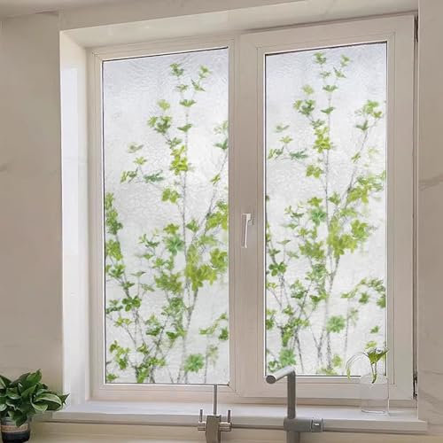 Eiauiuo Selbstklebende Fensterfolie Statisch Haftend Blickdicht Milch Glasfolie mit Pflanze Mustern Fenster Dekor Folie Anti-UV Sonnenschutz Folie Wasserdicht Scheibenfolie für Badezimmer Schlafzimmer