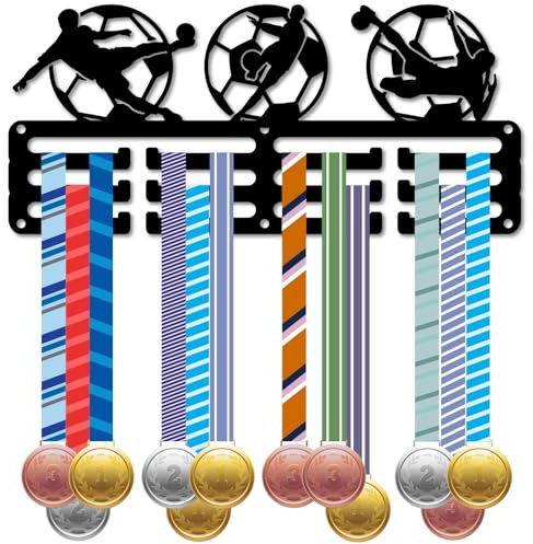 CREATCABIN Medaillenhalter Für Fußball Klein Medaillenständer Sportauszeichnungen Bänder Aufhänger Mit 3 Reihe 12 Haken Metall Wanddekoration Aufhängen 40+Medaillen Rennen Medaillengewinner 29x13cm