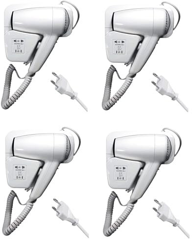 AntDau71® - Lot de 4 sèche-cheveux muraux 1300 W pour hôtel, B&B, salle de sport - Phon professionnel avec support mural, sécurité IP21, prise rasoirs intégrée, blanc - CW512-4