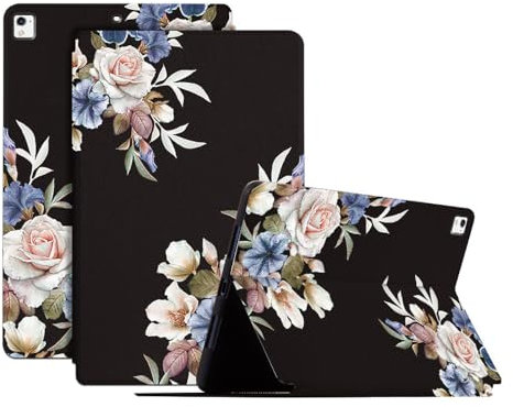 SLLMYYX Funda para tablet para iPad Pro de 9.7 pulgadas 2016 A1673 A1674 A1675, funda protectora de cuero con función de encendido y apagado automático (flores negras)