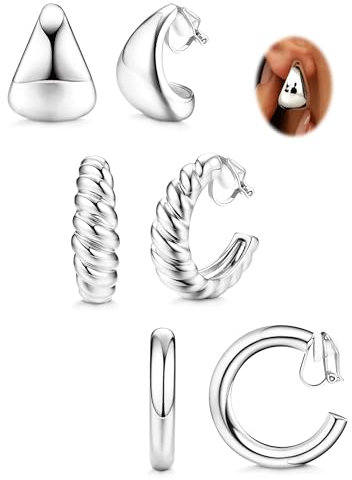 FIOROYAL 3 Paar Gold Ohrclips Damen Ohne Ohrlöcher Gold Clip Ohrringe Damen 14K Vergoldet Gold Chunky Röhre Croissant Wassertropfen Fake Ohrringe Ohne Ohrloch Goldene Creolen Damen Set (Gold/Silber)SC