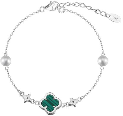 HeyMeili Armband Silber 925 Kleeblatt Damen Armkette Weißvergoldet Verstellbare mit Perle und Malachit für Freundin Freundschaftsarmbänder Geschenke