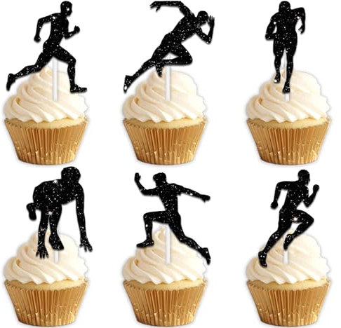 18pcs Black Glitter Silhouette Runner Dessert Cupcake Topper Cheer to Marathon Running Track and field Sport Theme Decor Supplies Men Women Happy Birthday Party Decorations