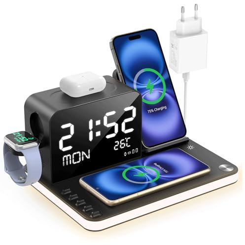 7-en-1 Chargeur sans fil multifonction : avec horloge numérique, température-date, compatible iPhone 16/15/14/13 série, Sam sung S24/S23, AirPods, TWS & iWatch, LED-Bettslampe réglable & charge rapide